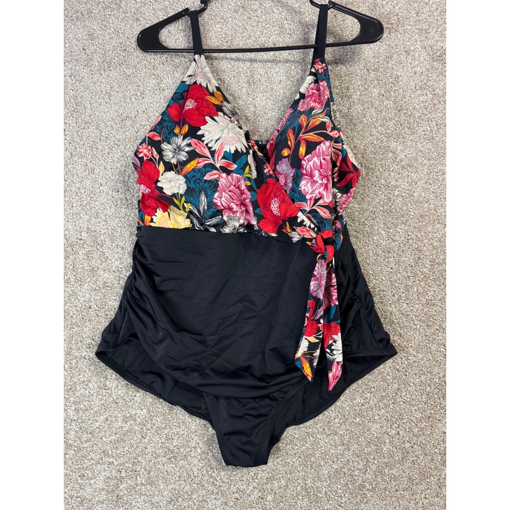 Time and Tru Floral Wrap One Piece Swimsuit Black Ruched Tummy Control 2x